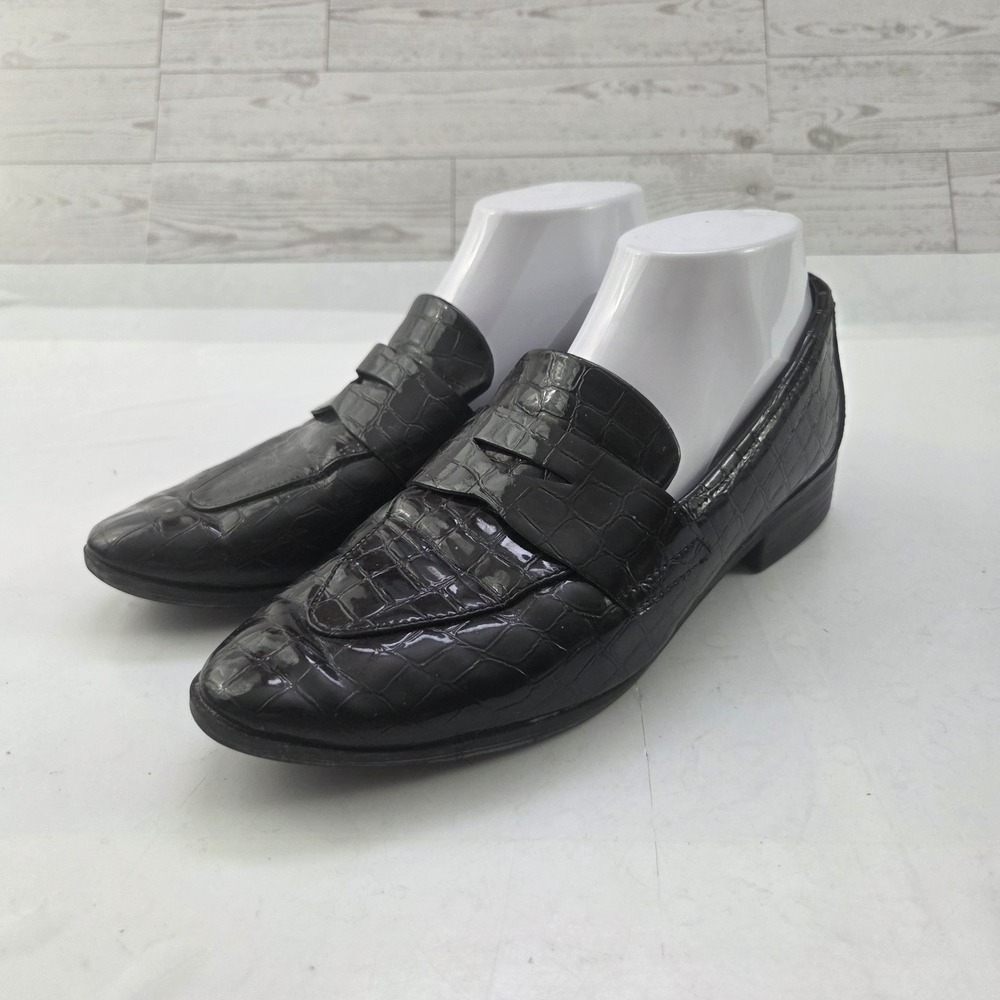 Aldo Penny Loafers Womens 8 Black Patent Leather Croc Print Preppy Old Money